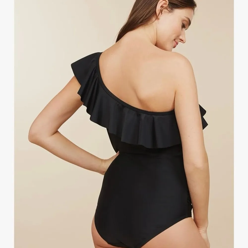 NWOT Women's Maternity Asymmetrical Ruffle One Piece Swimsuit, Black, Large Black - Image 5