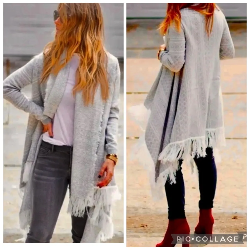 New York & Co. Cardigan Sweater Fringe Open Front S Shawl Collar Duster Boho Gray - Image 2