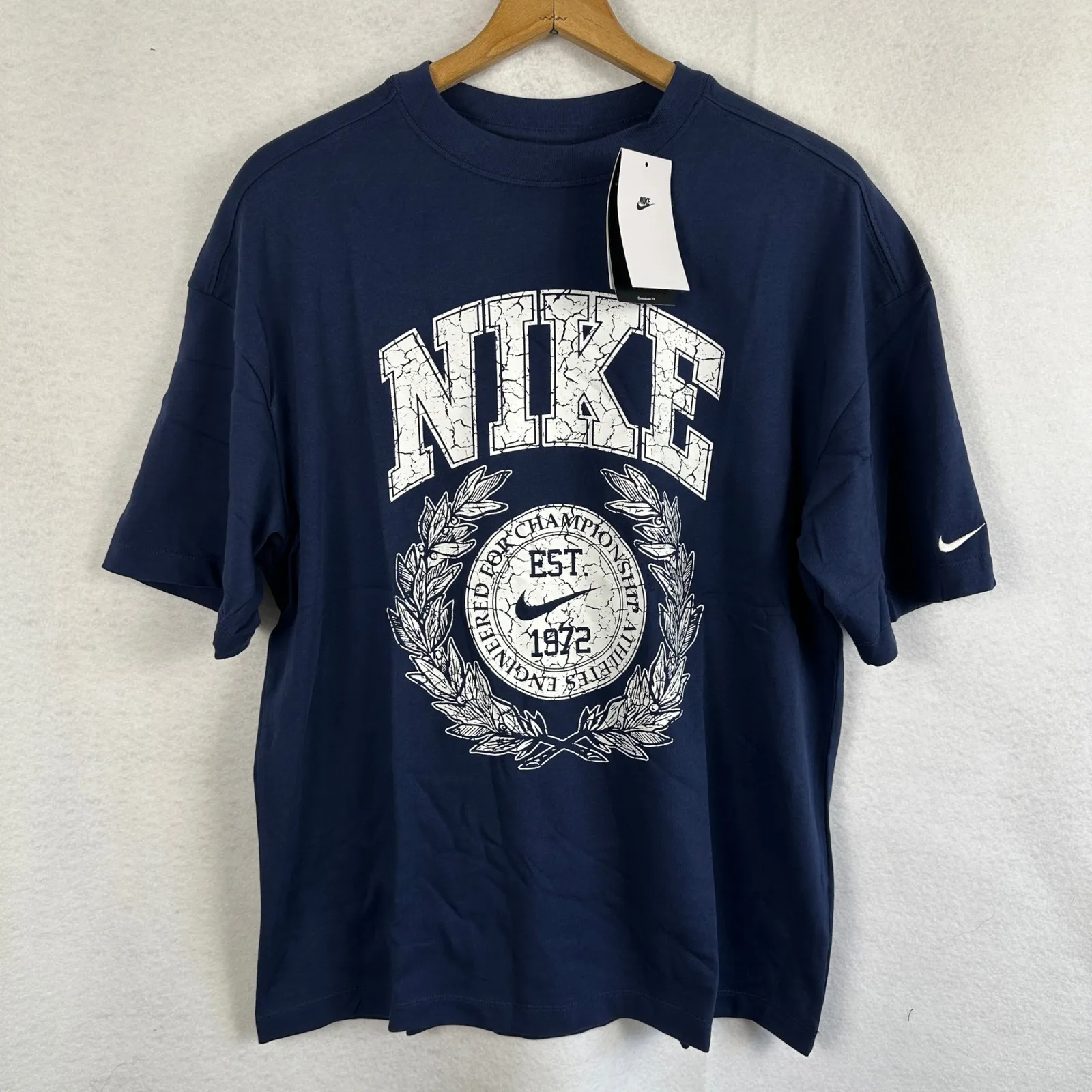 New Nike Womens Small Oversized Fit T Shirt Navy Blue Est 1972 Graphic Print - Image 3