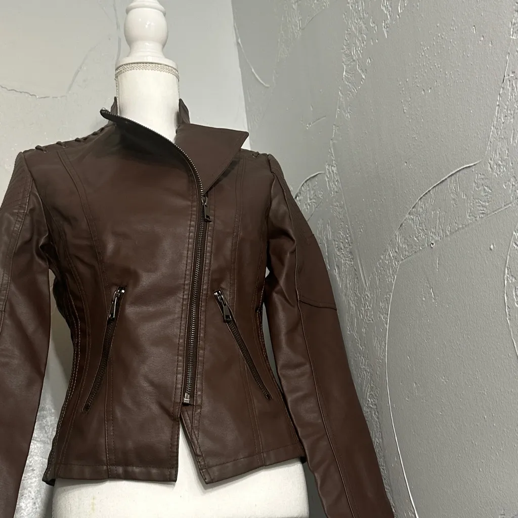 Brown Faux Leather Moto Jacket | PU Leather | Chic & Versatile. - Image 8