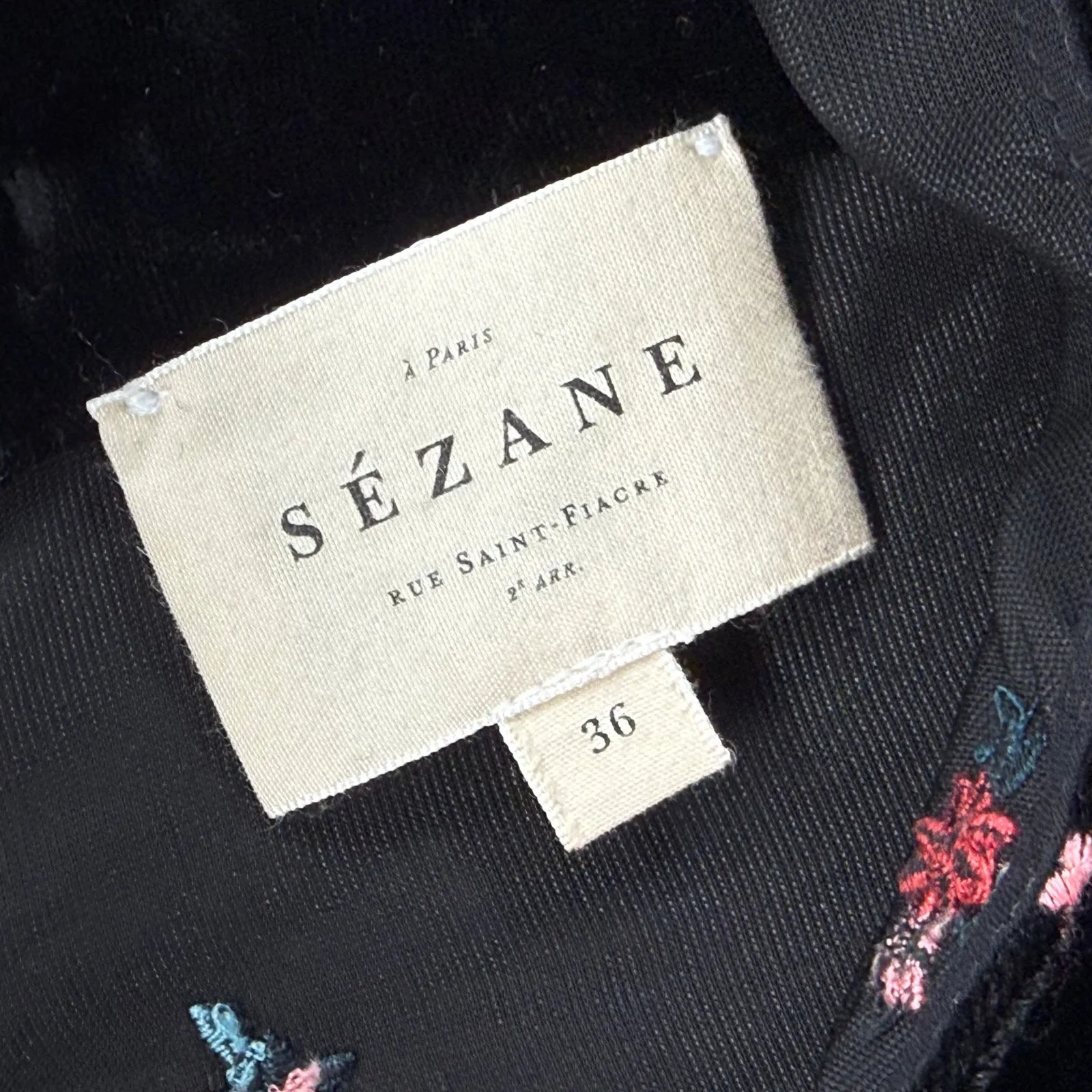 SEZANE Candace Black Velvet Embroidered Floral Mini Dress Sz 36 US 4 Puff Sleeve - Image 4