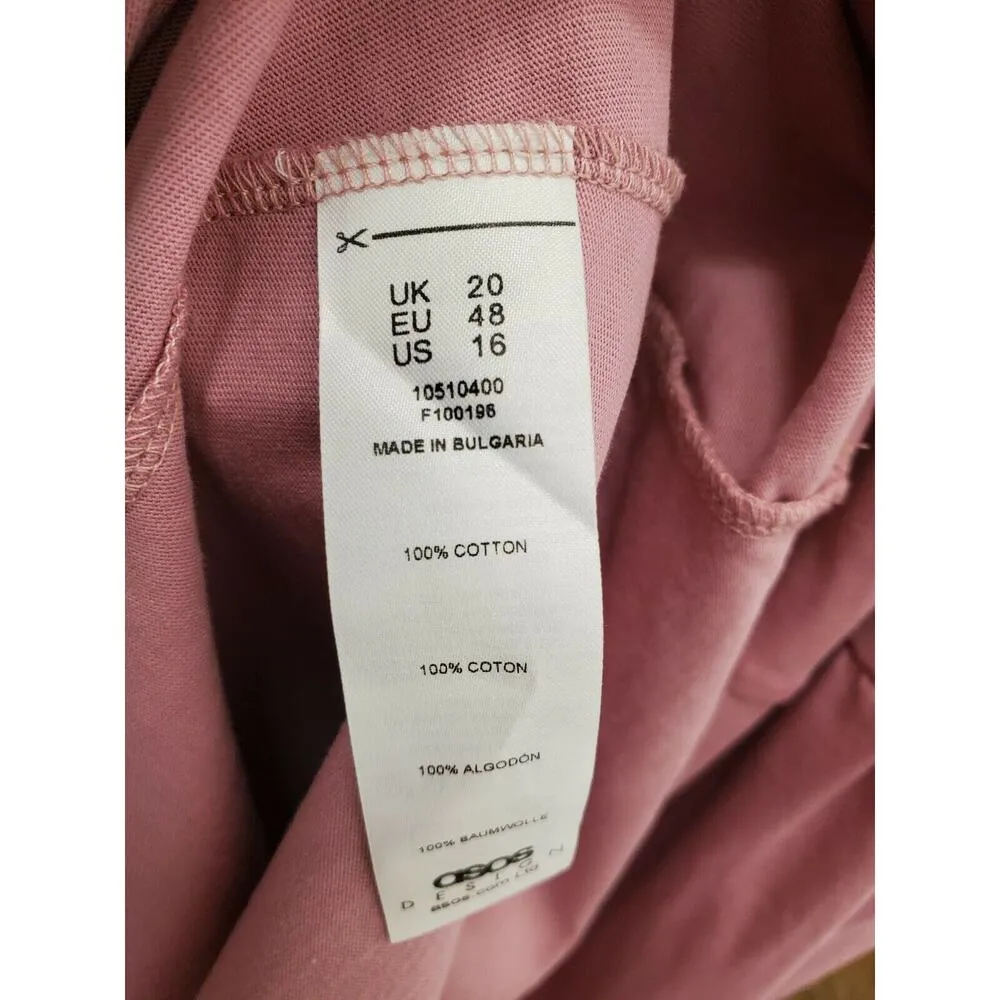 Asos Design Womens Solid Pink Cotton Round Neck Long Sleeve Knee Length Dress 16 - Image 10