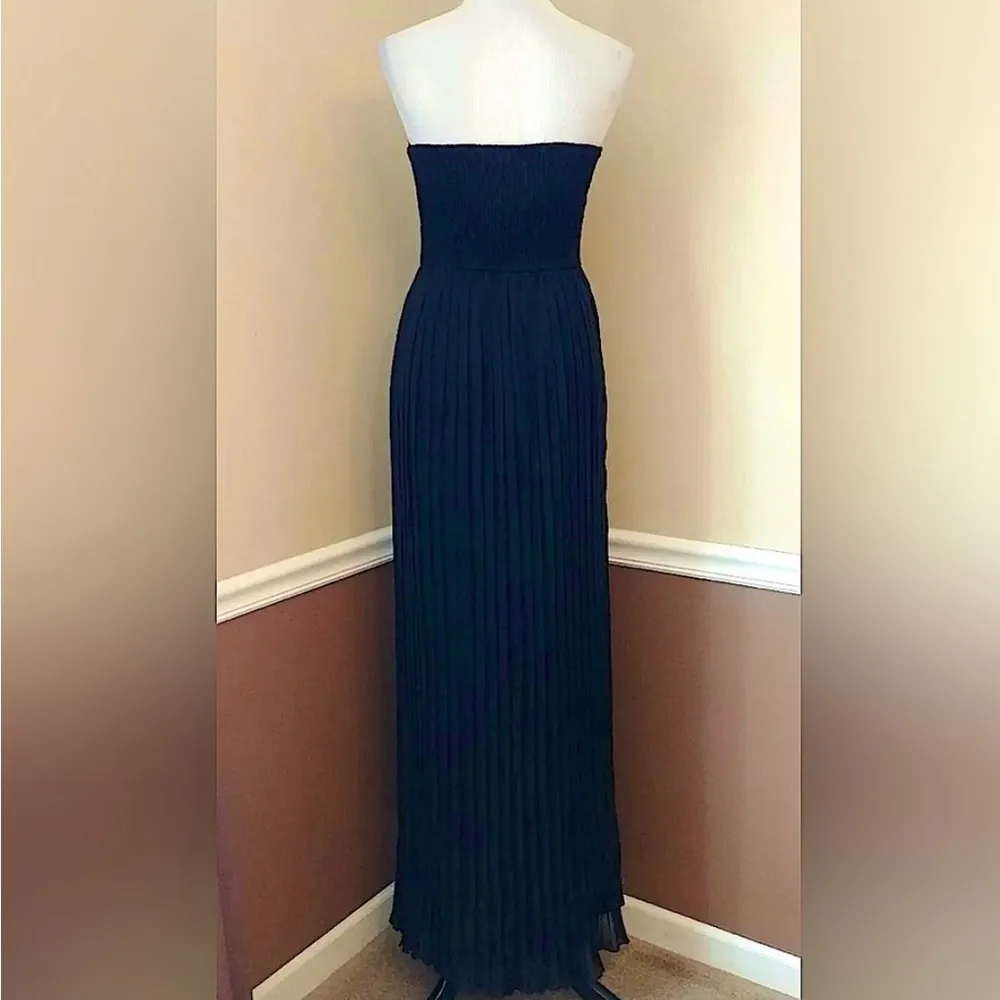 Black Beaded Pleated Shirred Back Strapless Maxi Dress by Chi Chi from Modcloth - Image 3