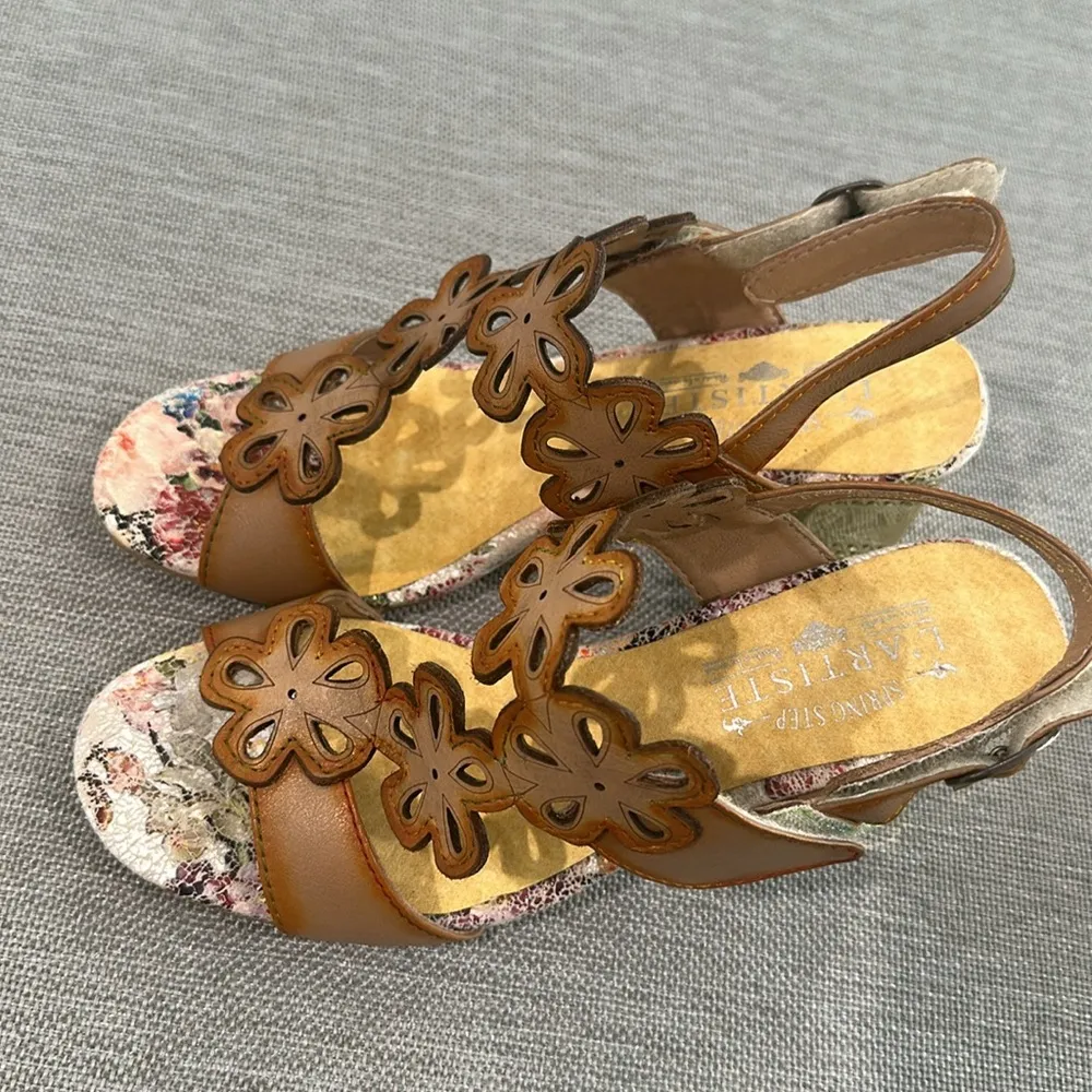 Spring Step L’artiste leather dinner date floral heeled sandals size 36 6 Gold - Image 10