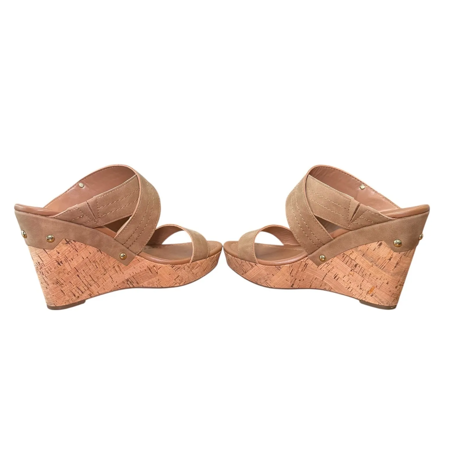 Tommy Hilfiger‎ Women's Beige Faux Leather Cork Wedge Heels Platform Sandals 10M - Image 8