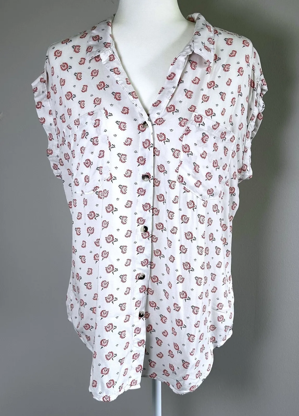 Jachs Girlfriend NY Floral Print Button Down Casual Blouse White Red Sz Large - Image 1