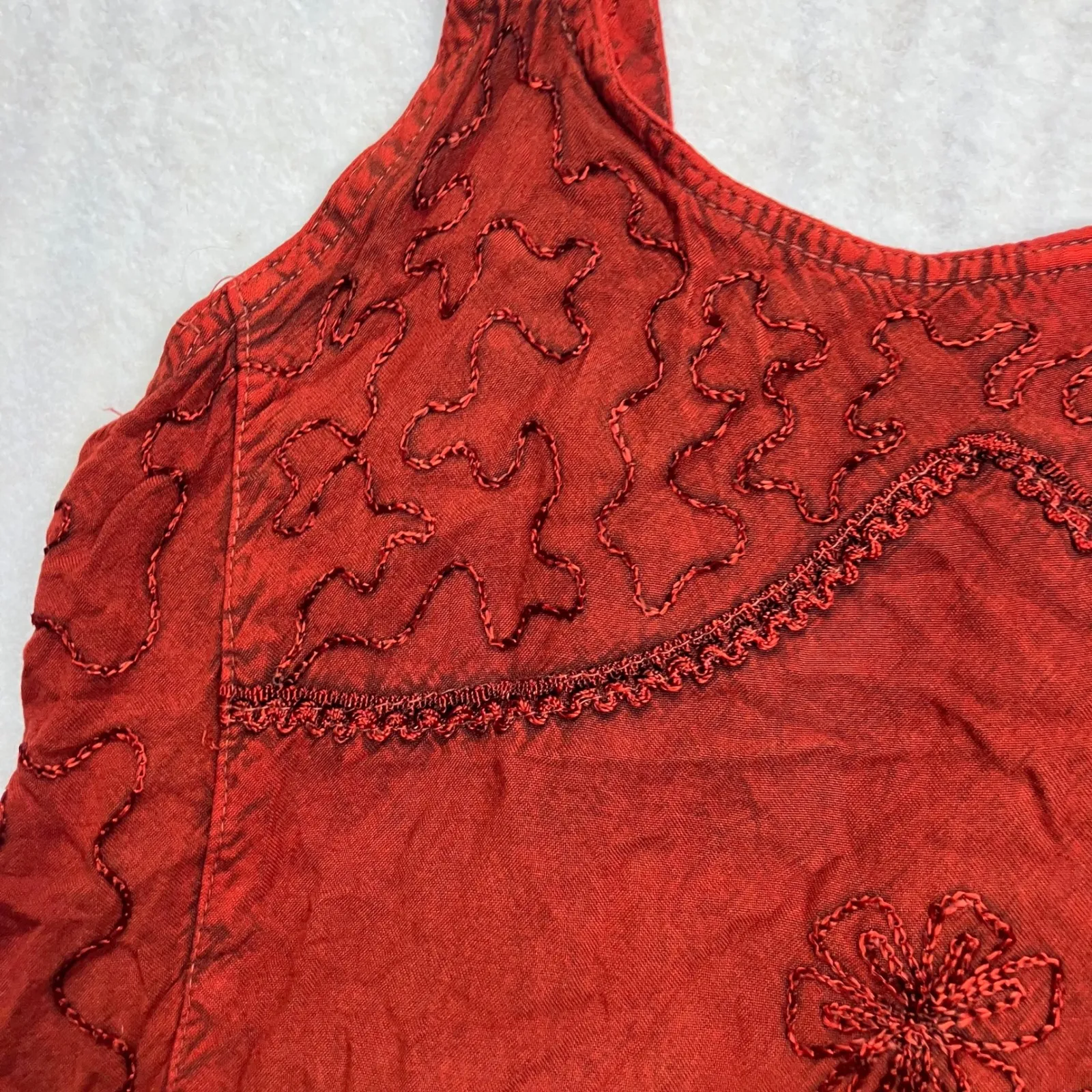 Vintage India Boho Red Emboirdered Beaded Dress Free Size Artisan Cotton - Image 2