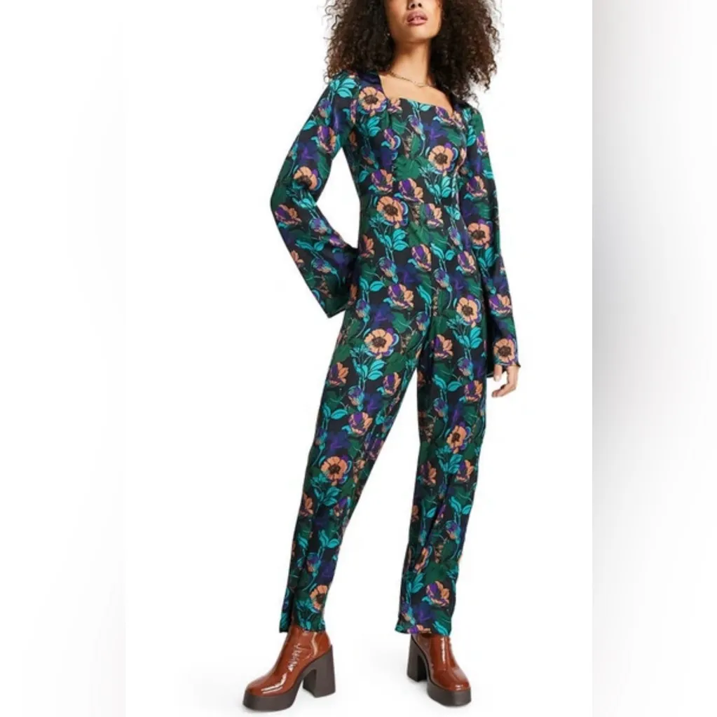 TOPSHOP 70s Floral Print Wide Leg Jumpsuit In Multicolor size 14 - Image 4