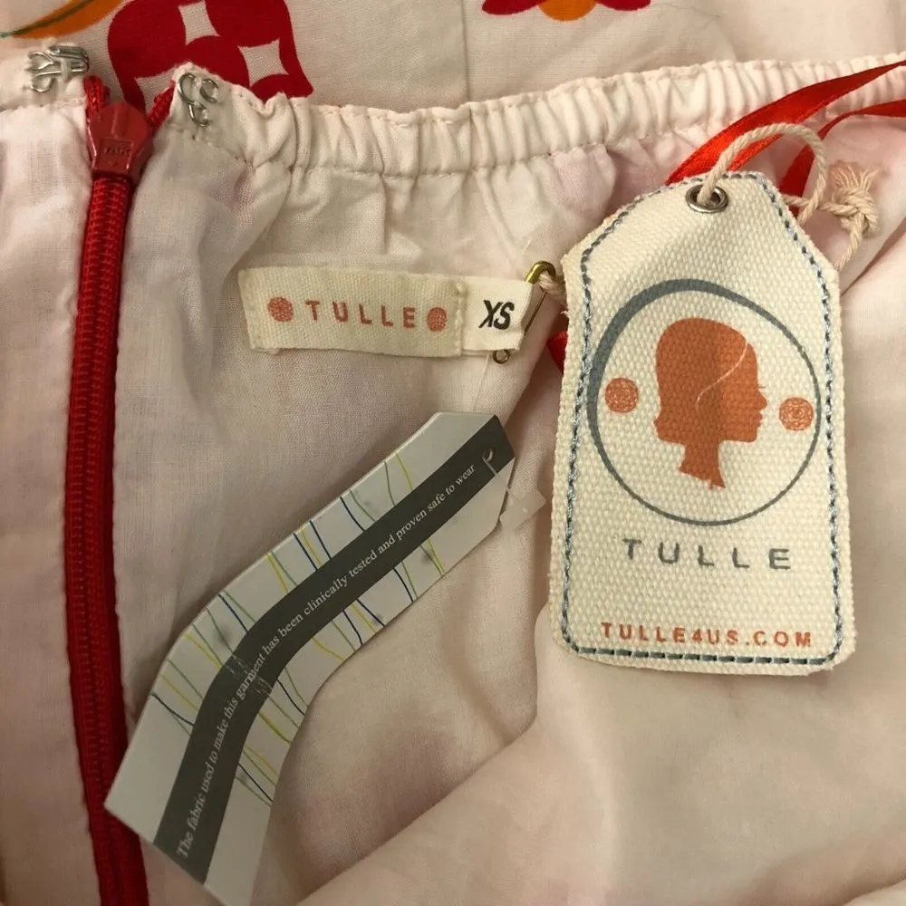 Tulle Dress A Line Halter Pockets Floral Geometric Retro Mod Ivory Red XS - Image 3