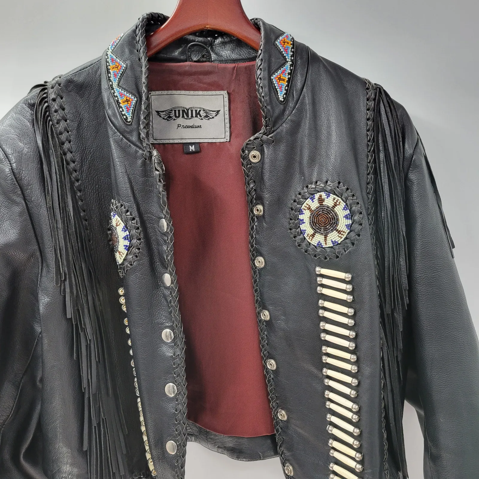 VTG Unik Leather Motorcycle Jacket‎ Womens M Black Fringe Beaded Cropped Snaps Size M - Image 13