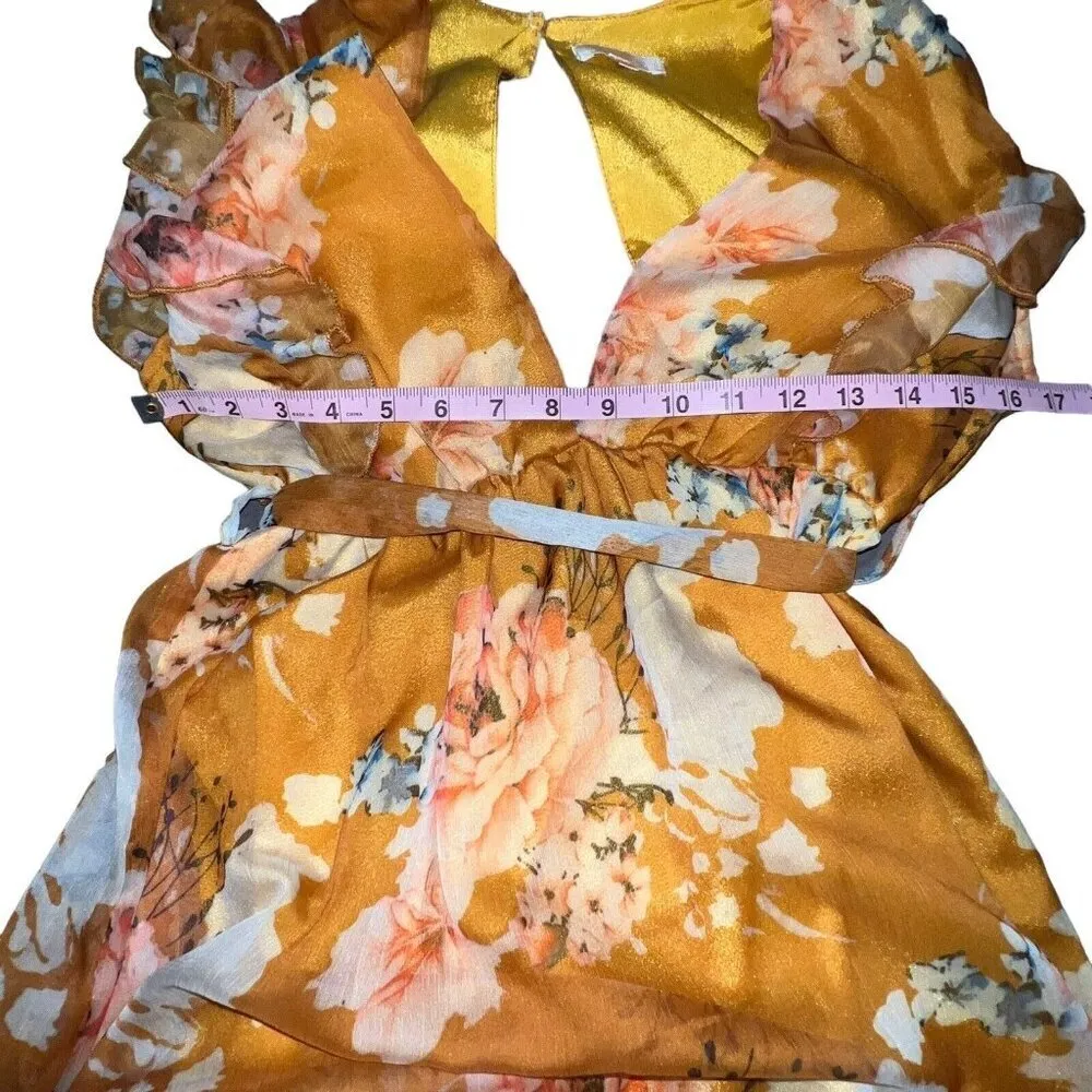 Luxxel Maxi Dress Plunging Neckline Cap Ruffle Sleeves Yellow Gold Floral Size S - Image 7