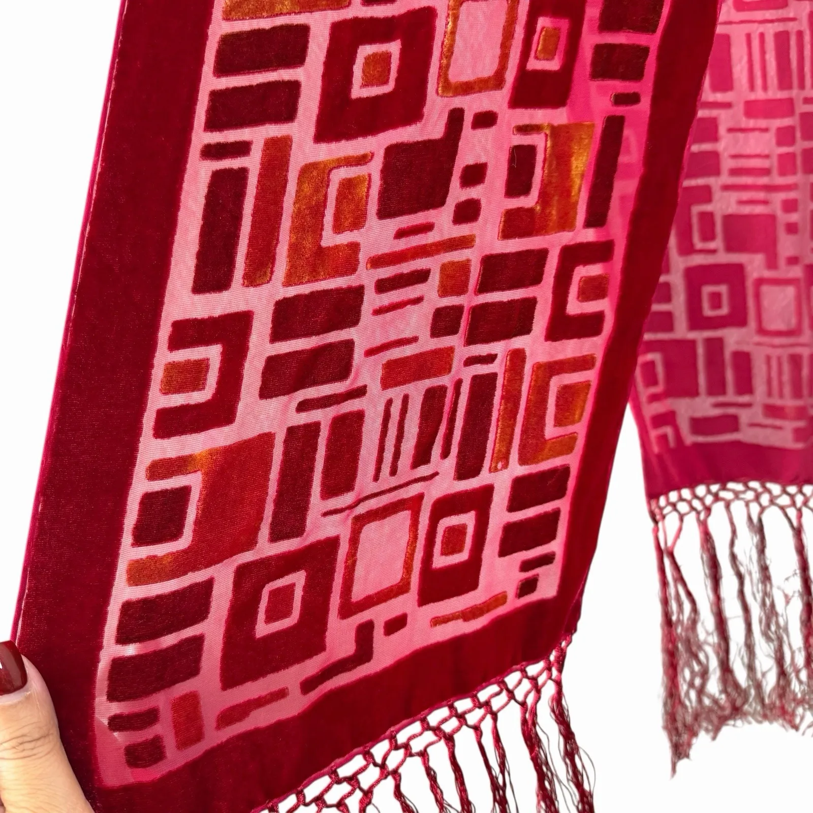 Whimsigoth Red Velvet Burnout Scarf Fringe Gothic Art Deco Long Wrap 9.5Wx76H - Image 7