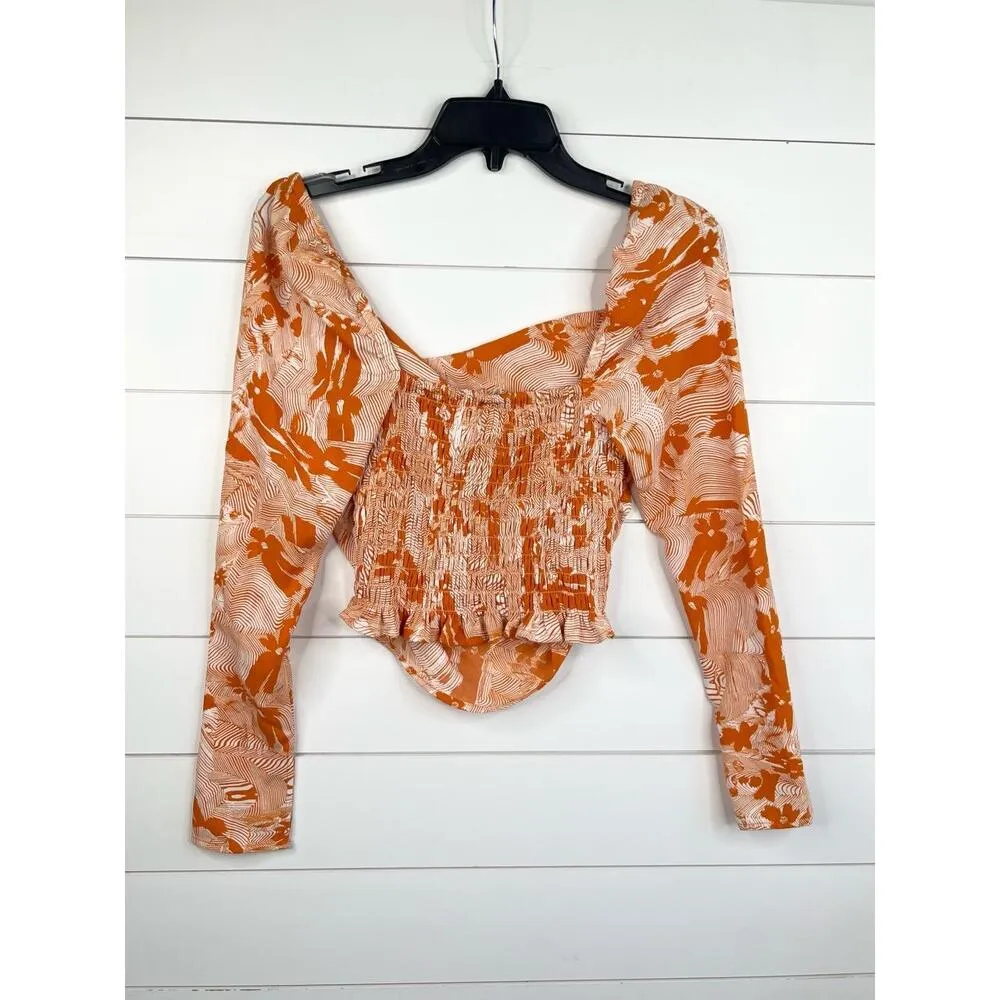 Open Edit Orange White Cowl Neck Long Sleeve Top XXS Smocked Back - Image 3