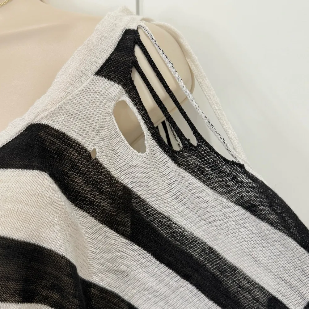 Central Park West Lucerne Sweater Medium Distressed Striped V Neck Linen Edgy - Image 6