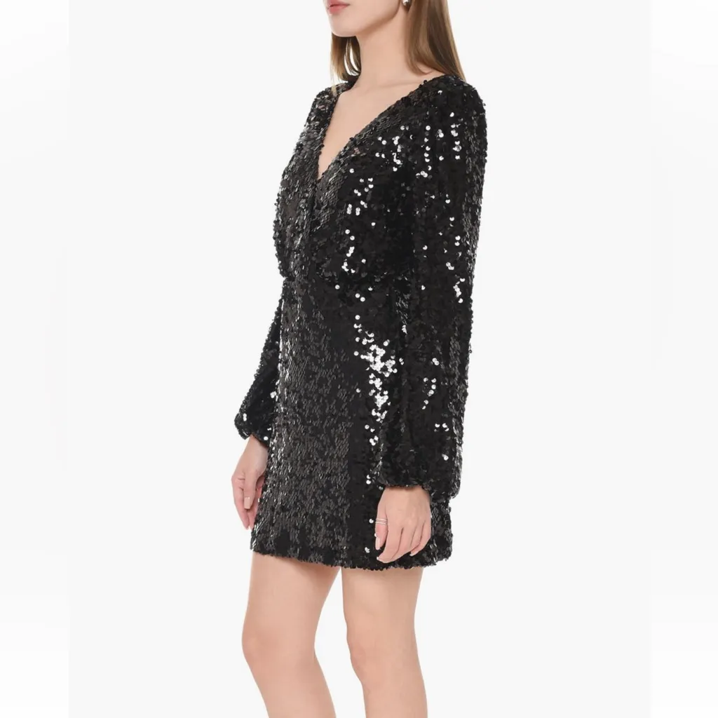 Wayf Black Carrie Long Sleeve Sequin Mini Dress V Neck Lined Size Medium - Image 3