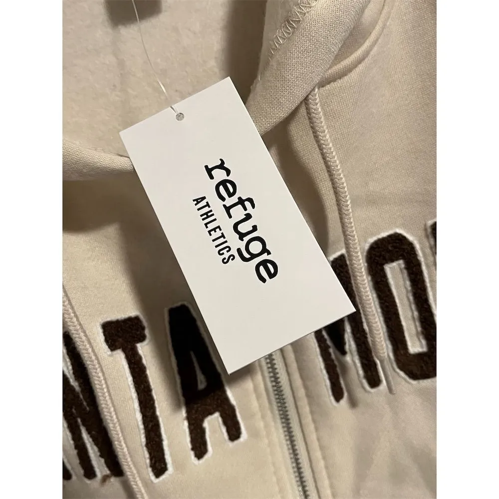 Refuge Cropped Hoodie Women's Size M Full Zip Hooded Jacket Beige Graphic Casual - Image 6