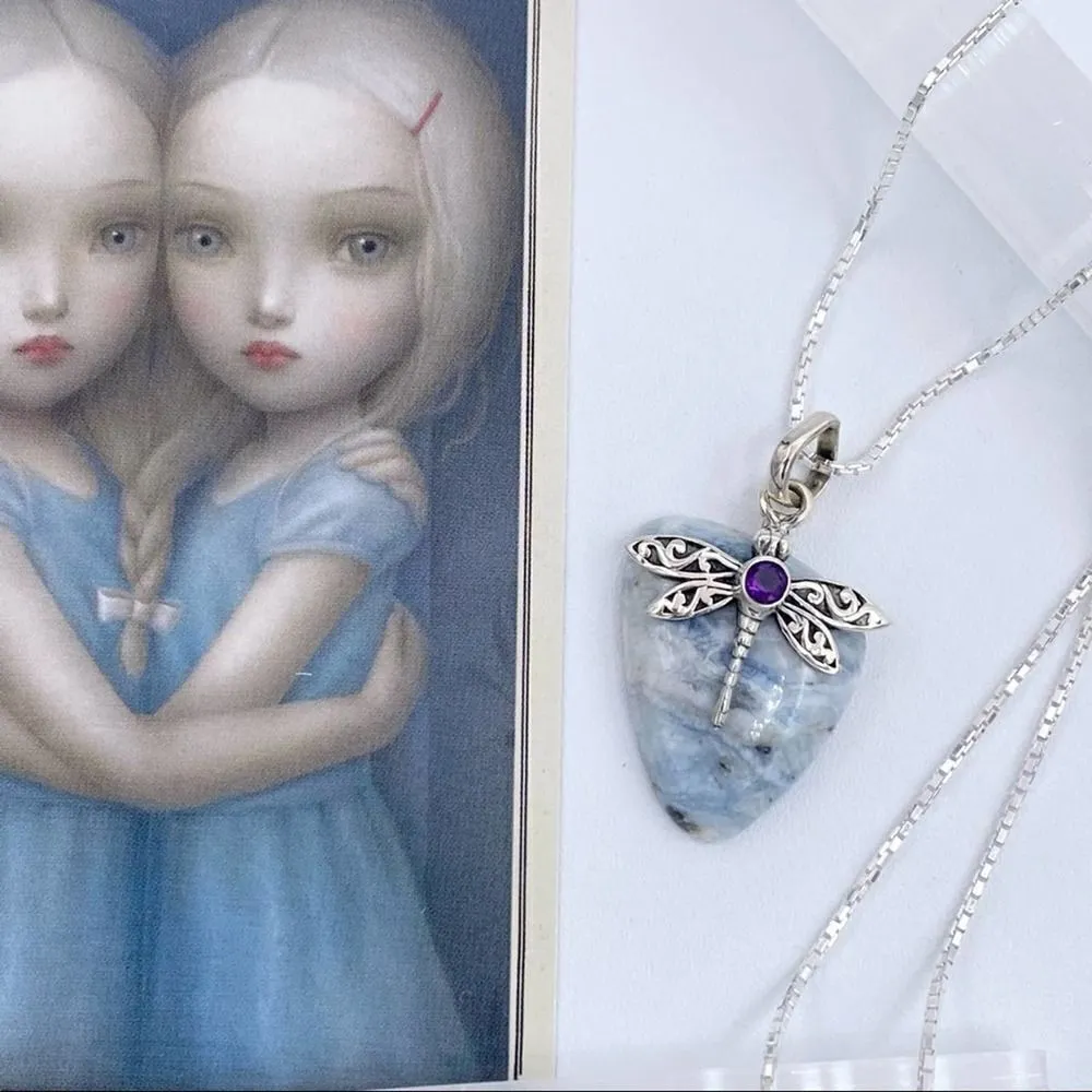 Dragonfly Blue Scheelite & Amethyst Solid Sterling Silver Necklace Blue - Image 2