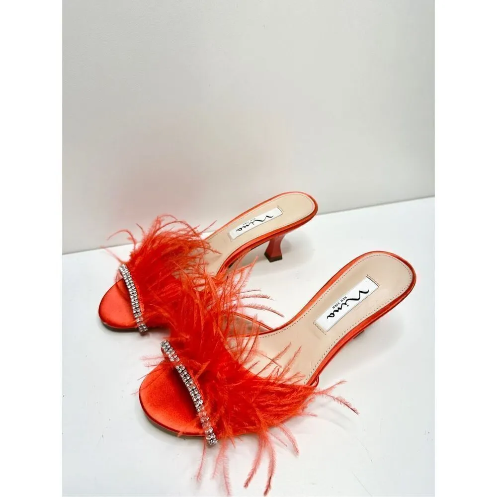 Nina Sandals Womens Size 6 Red Feather Embellished Slip On Open Toe Shoes - Image 2