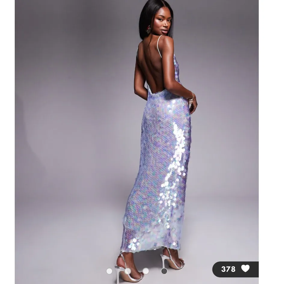 ASOS DESIGN iridescent sequin asymmetric cowl neck midi dress in light blue - Image 3