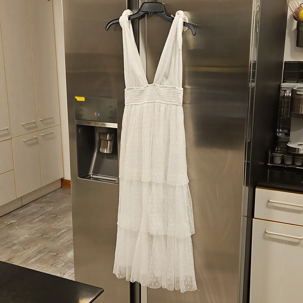 💕LULU'S💕 Tier's To Us White Swiss Dot Tie Strap Tiered Midi Dress ~ Small NWOT - Image 7