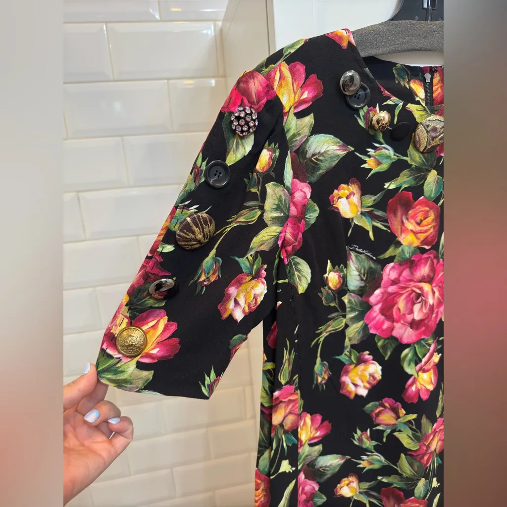 Dolce & Gabbana Black Dress with Pink and Green Floral Design - Image 3