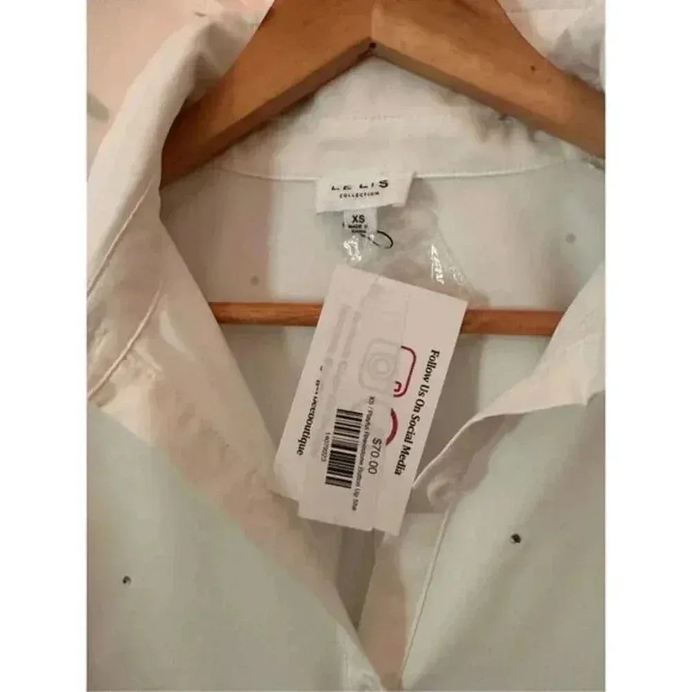 Lelis Sequin Button Down Shirt NWT XS White Silver Sparkle Long Sleeve‎ Blouse - Image 3