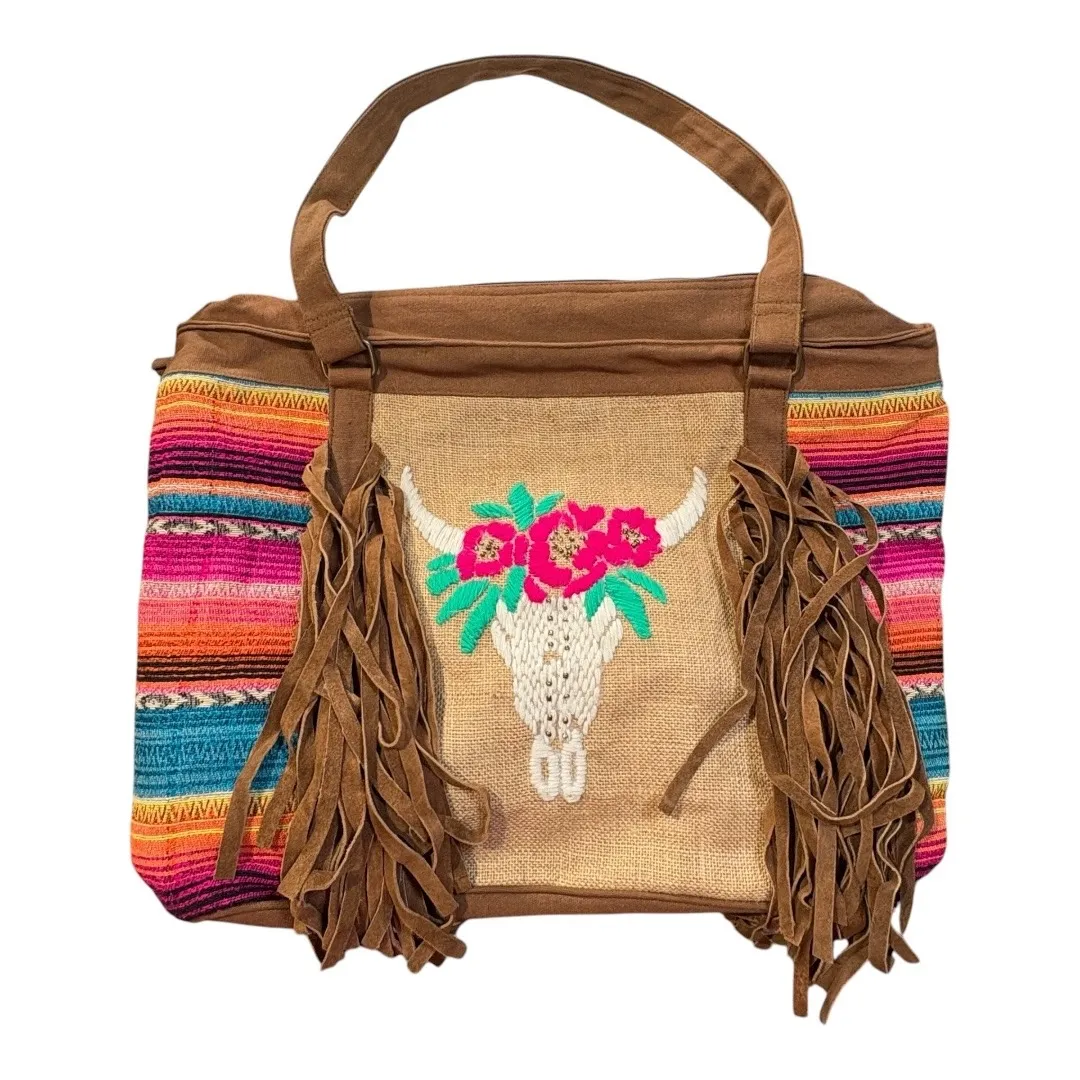 Boho Leather Serape Tote Bag‎ Cow Skull Embroidered Fringe Shoulder Bag Large Brown - Image 2