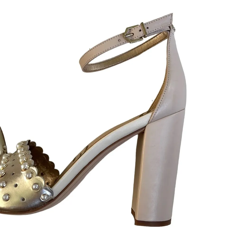 EUC Sam Edelman Leather Yaris Heeled Sandals Gold with Pearls Size 8.5 - Image 4