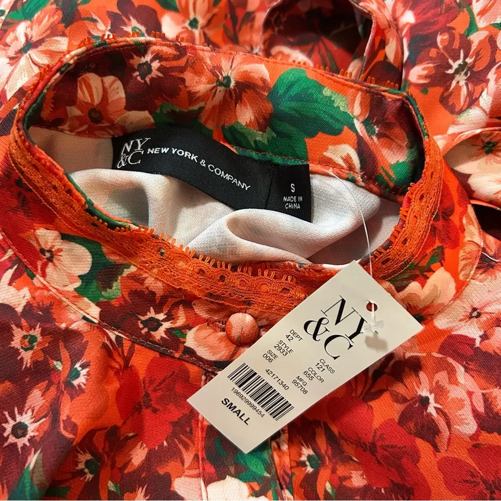 New York & Company Long Sleeve Floral Ruffle Bell Sleeve Blouse Orange - Image 9