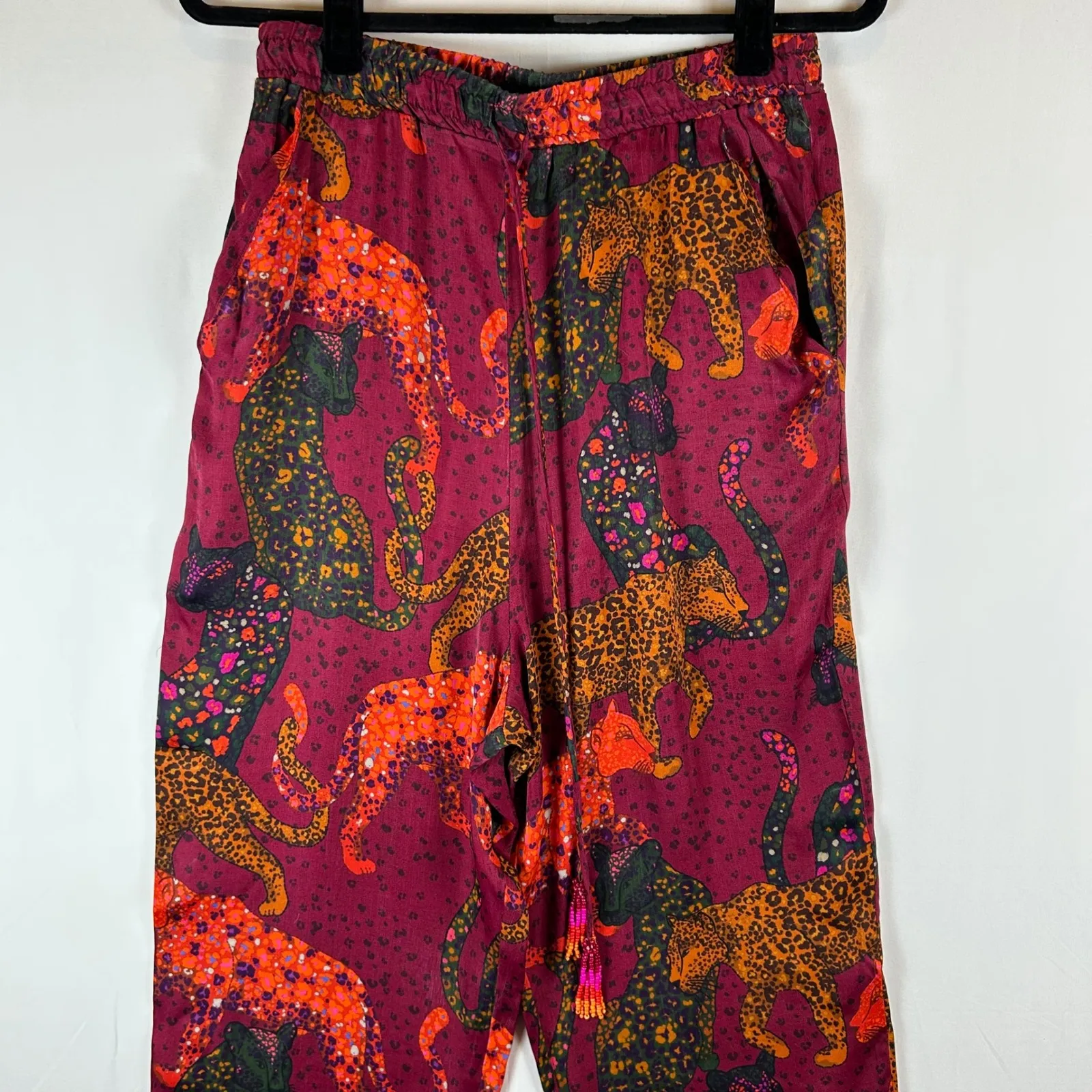 FARM Rio Leopard Print Wide Leg Pants Women's M Burgundy Drawstring Tassel - Image 6