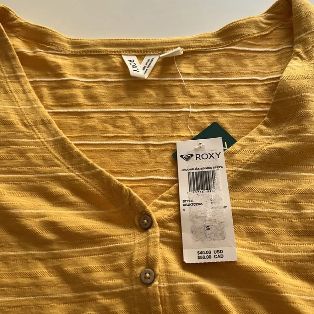 Roxy  Uncomplicated Mind Button Front Stripe Tee Ochre Beachy Yarn, Small, NWT - Image 4