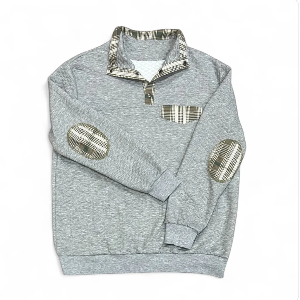 Grey Quilted Sweatshirt Green Plaid Elbow Patches Size XL Gray - Image 2