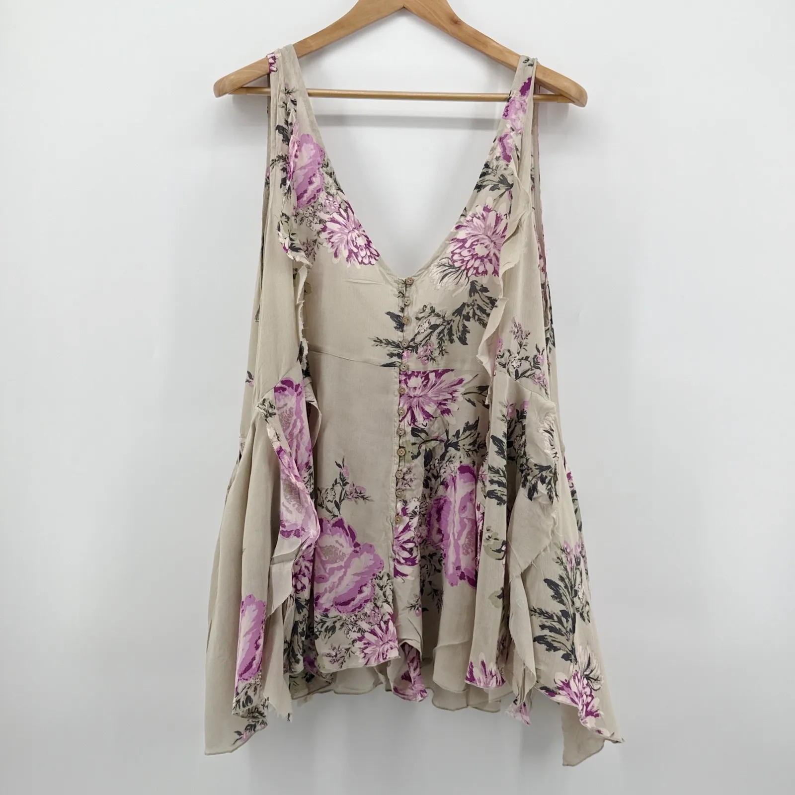 Free People Crushing on You Romper Floral Sleeveless Raw Hem Ruffle XS Oversized - Image 4