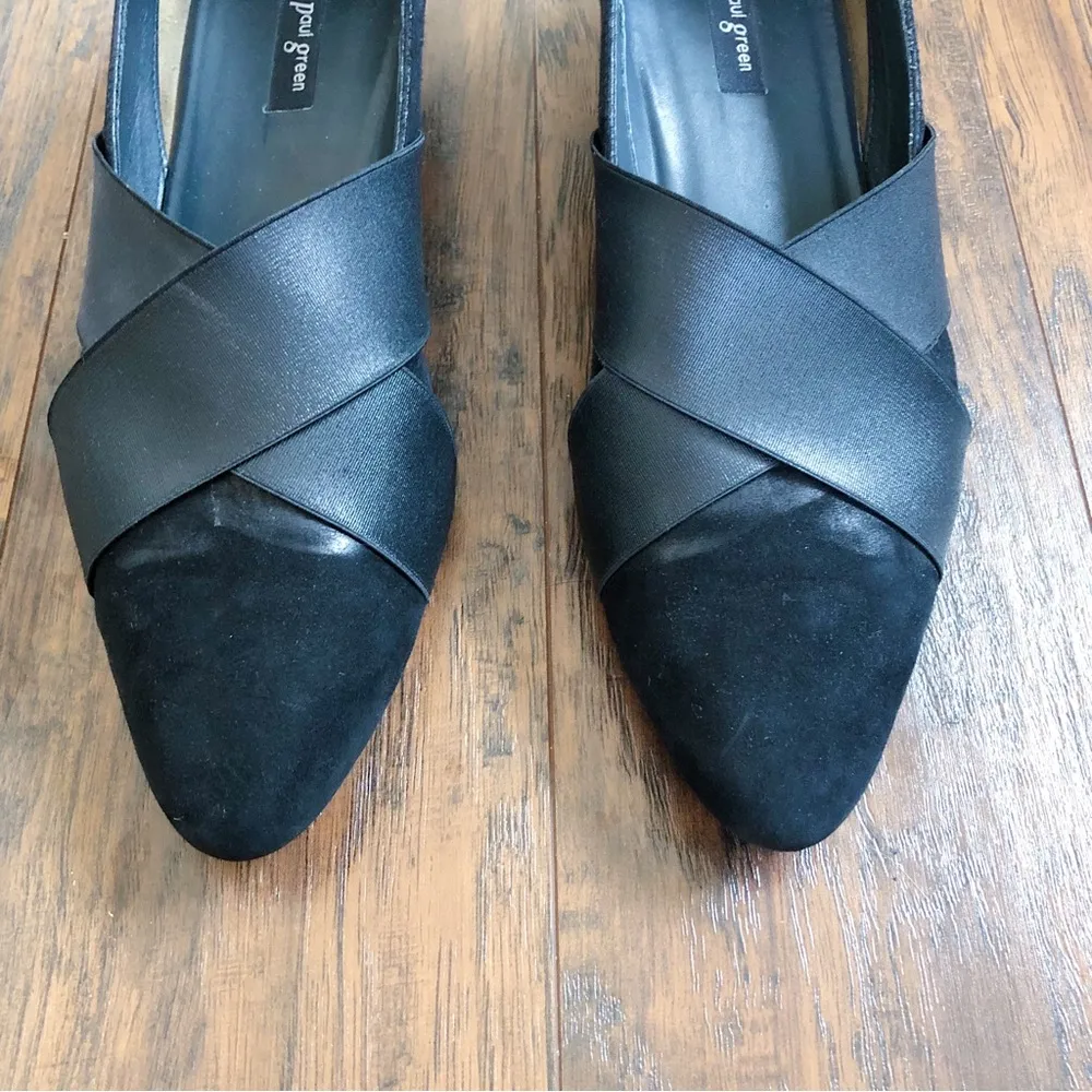 Paul Green • Daniella black suede wedges pumps heels pointed toe elastic strap - Image 4