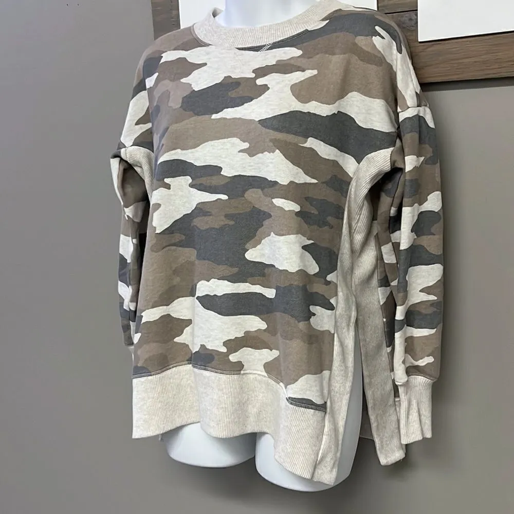 Aerie Tan Camo Crew Neck Mixed Textured Sweatshirt w/ Large Slide Slits- XS - Image 2