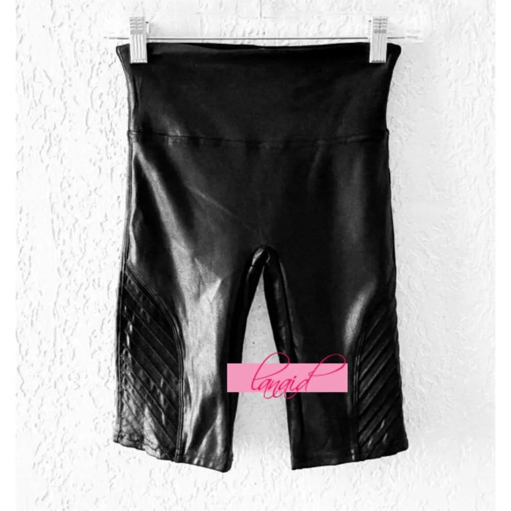 Faux Leather Moto Shorts Black High-Rise Shiny Edgy Motorcycle Bike Long S - Image 5