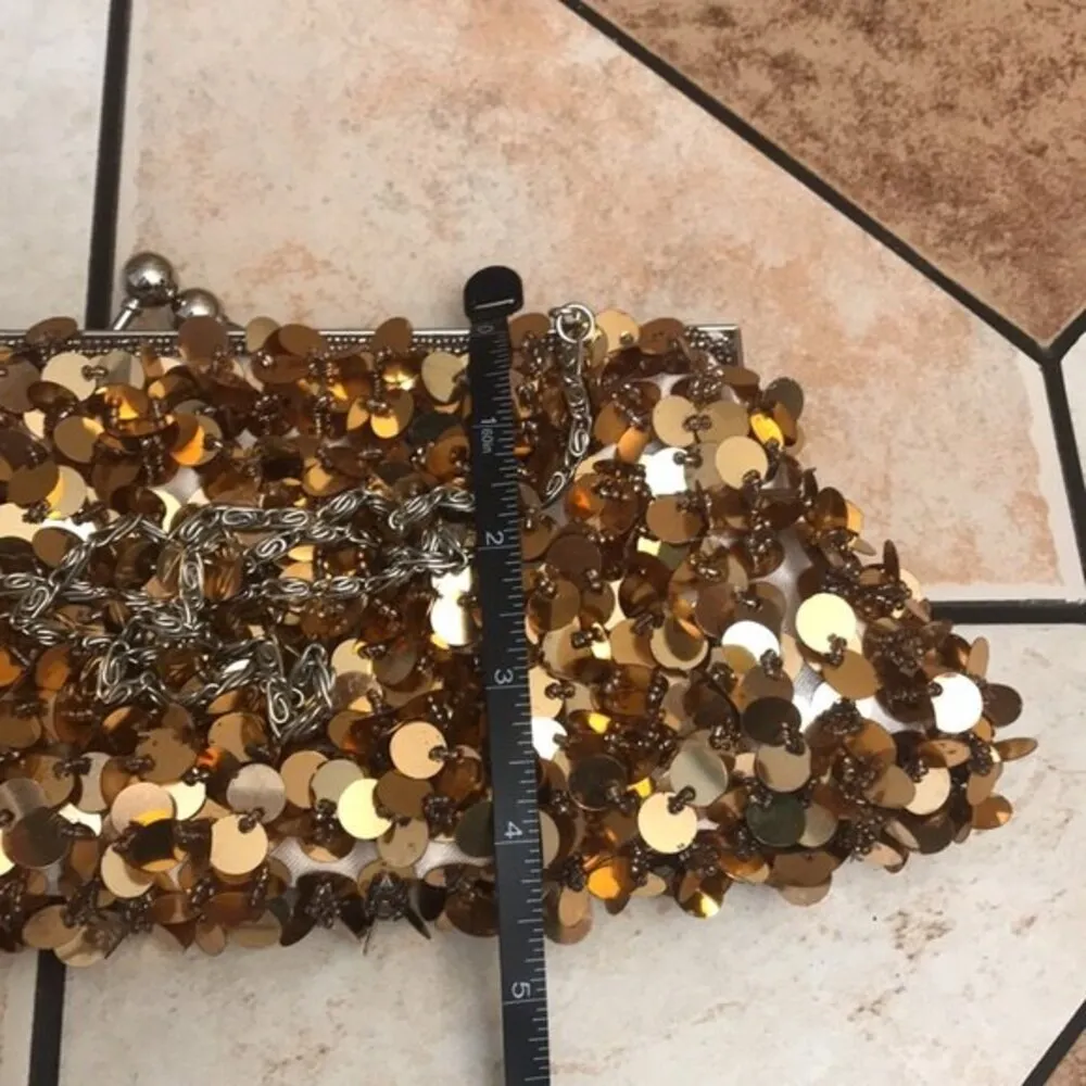 Vintage Y2K gold sequin beaded clutch cocktail purse evening bag with chain - Image 11