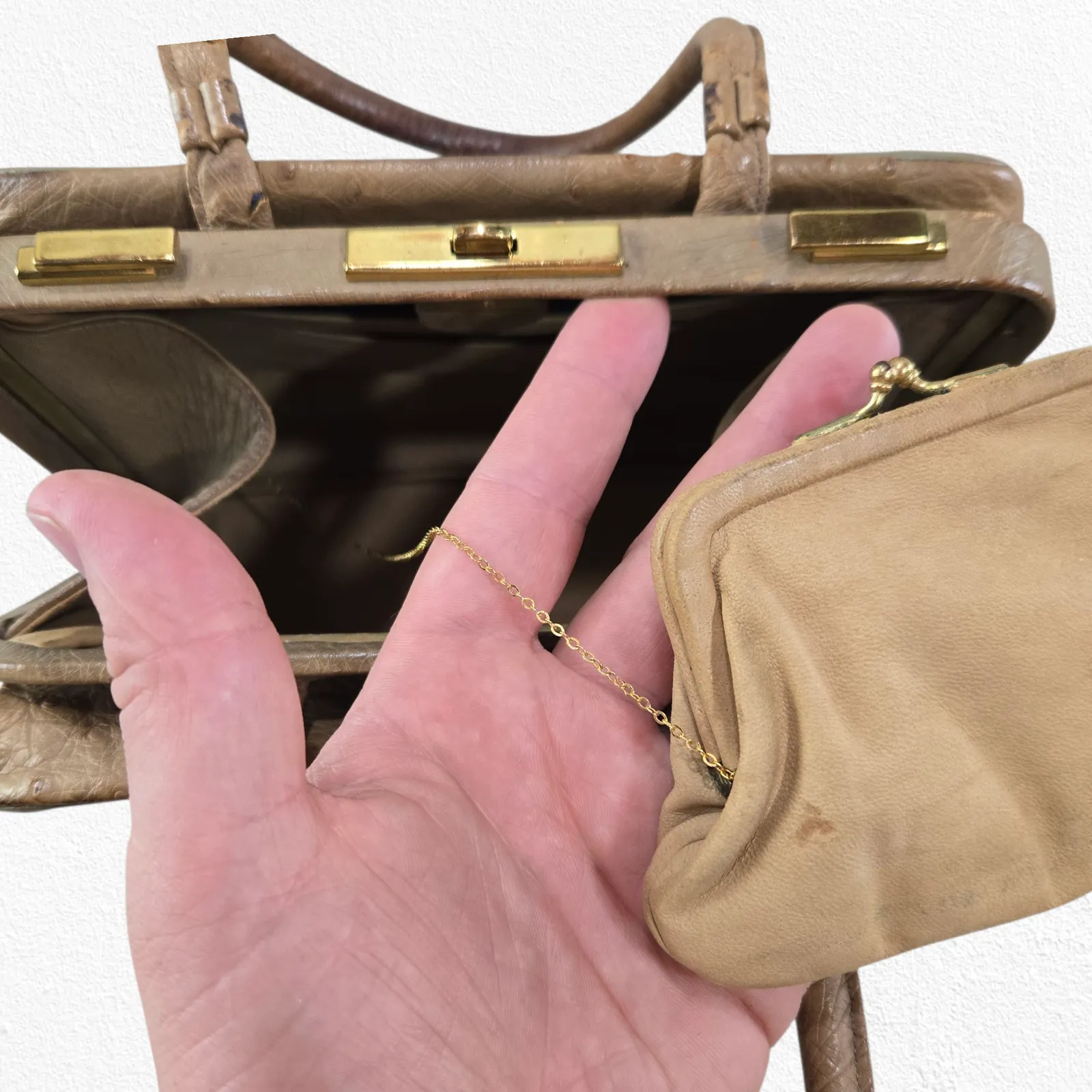 Vintage 50s Genuine Ostrich Leather Beige Top Handle Frame Bag with Coin Purse Tan - Image 14