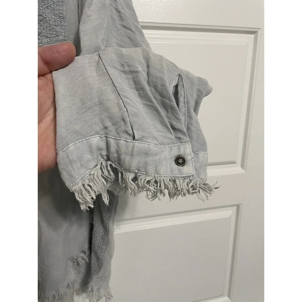 Umgee  Women Fringe Hem Button Down Shirt Gray Blue Wash 3/4 Sleeve Boho  XL - Image 8