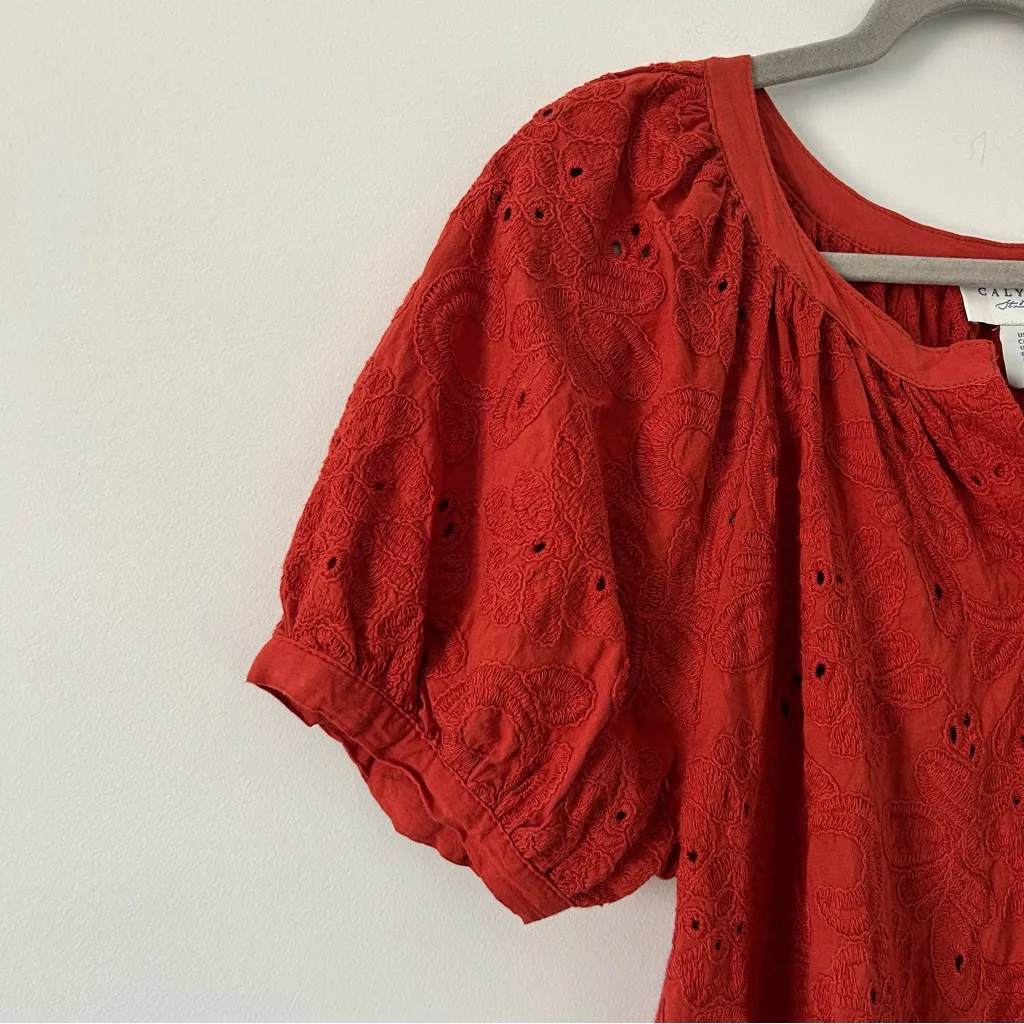 Calypso St. Barth Burnt Orange Eyelet Puffed Sleeve Button Down Cotton Blouse M - Image 3