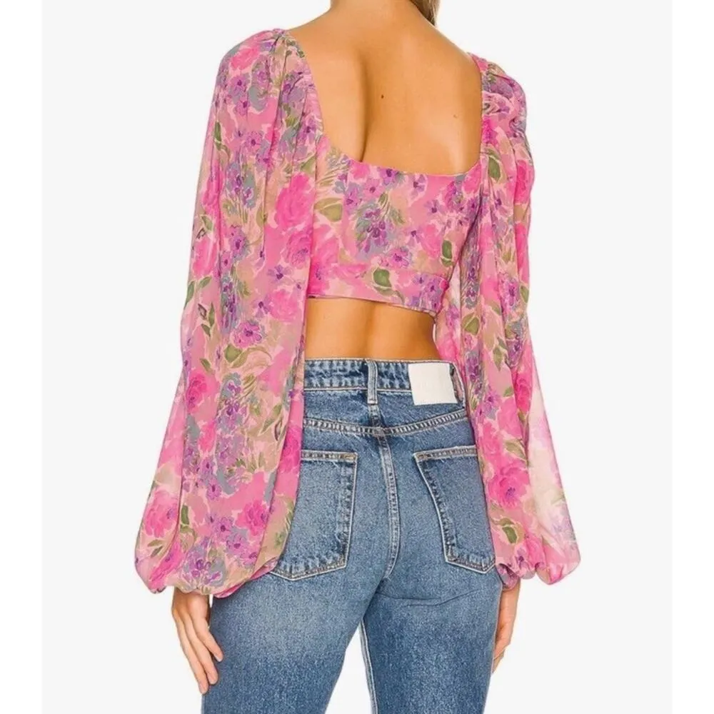 For Love & Lemons Trisha Crop Top Pink Multicolor Sweetheart Puff Sleeves Medium - Image 2