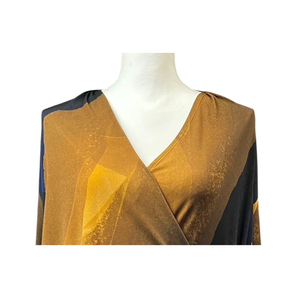 Clara Sun Woo Top Crossover Faux Wrap Size Large Mustard Navy Long Sleeve Work Gold - Image 3