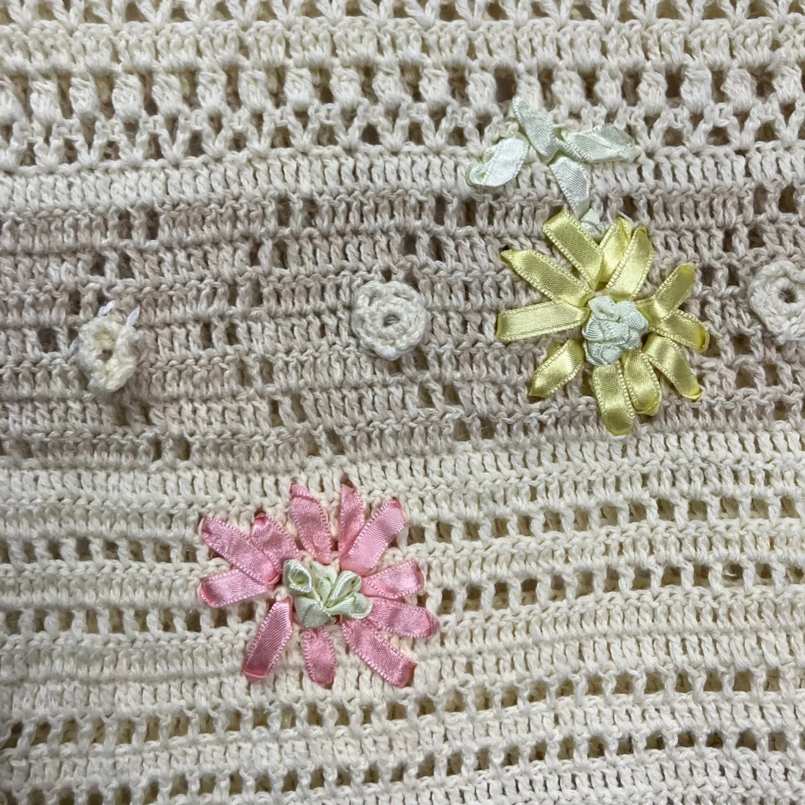 Vintage Cervelle Crochet Knit Button Up Cardigan Beige Cream Floral Applique 3X Tan - Image 4