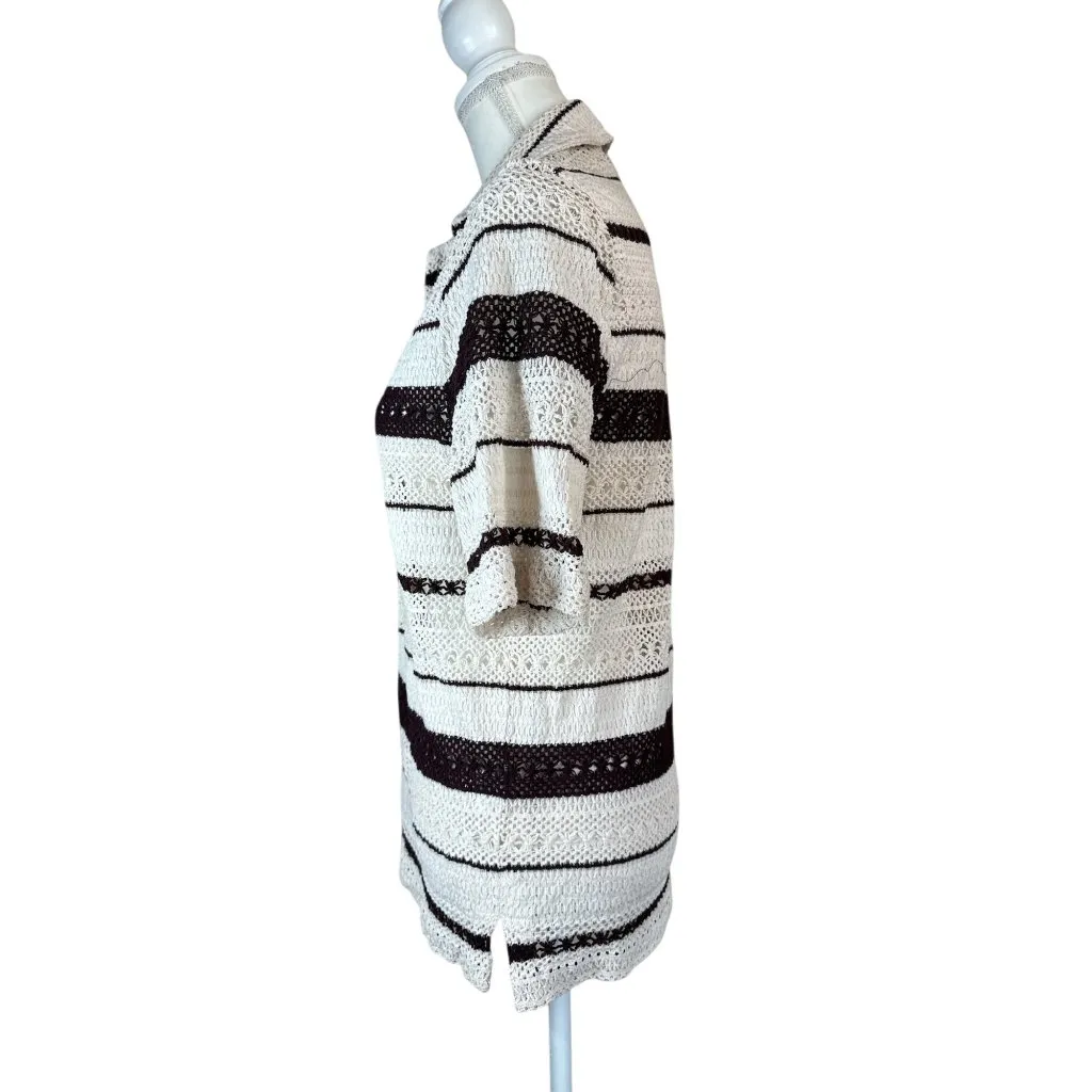 WAO Crochet Stripe Camp Shirt in Natural & Brown Medium New Womens Top - Image 7