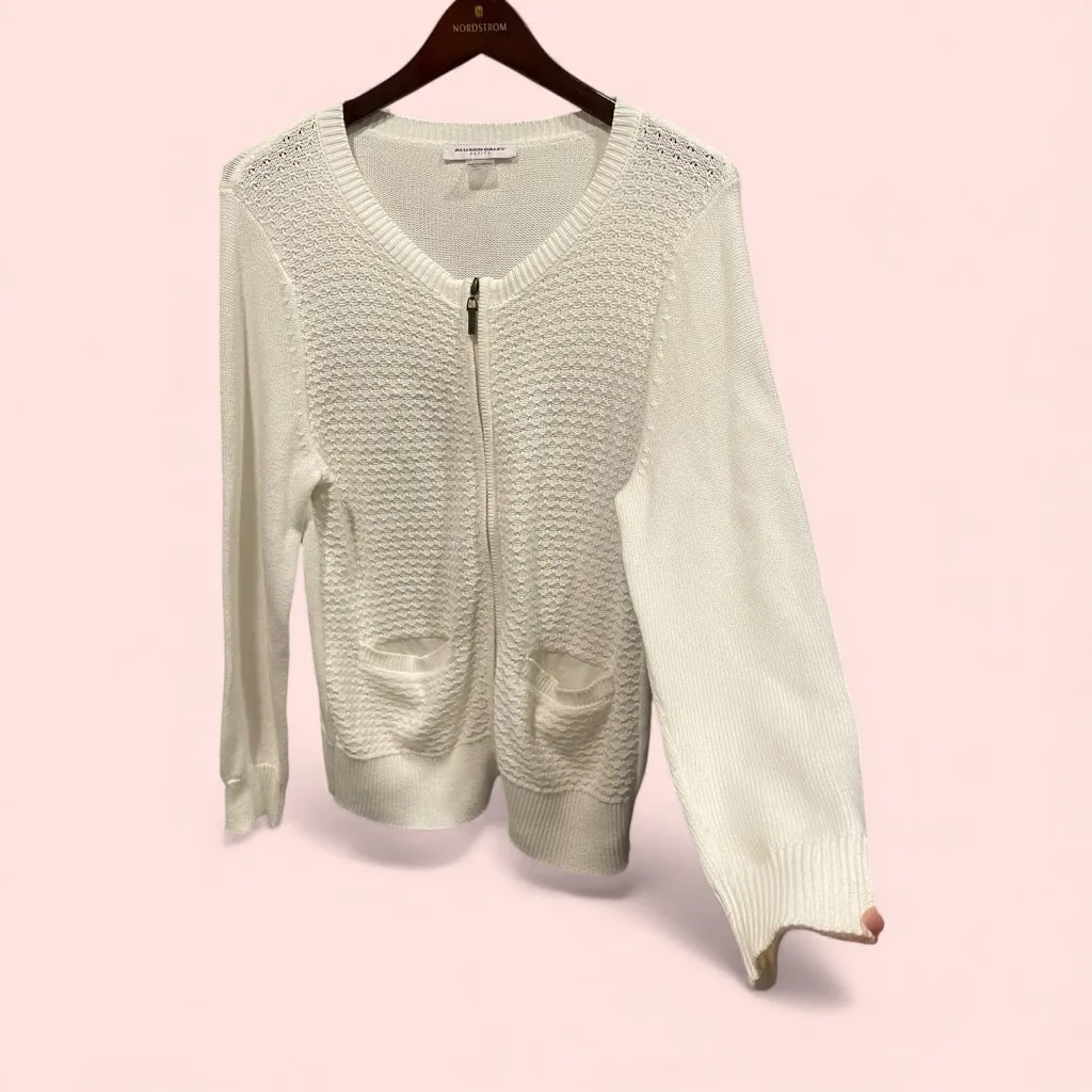 Cute vintage 90’s creamy white textured front zip cardigan sweater pockets - Image 3