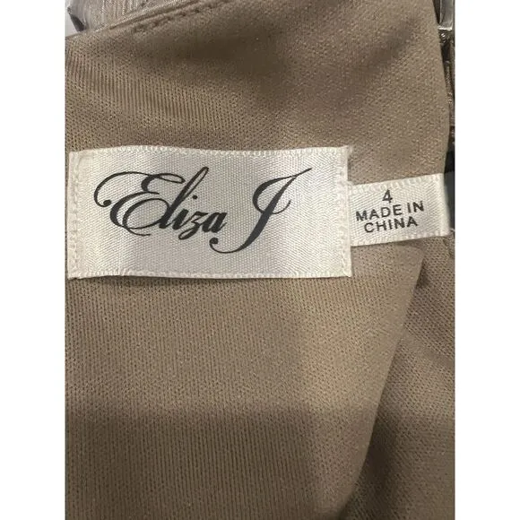 Eliza‎ J Jewel Embellished Illusion Metallic Sheath Sleeveless Dress Taupe Sz 4 - Image 3