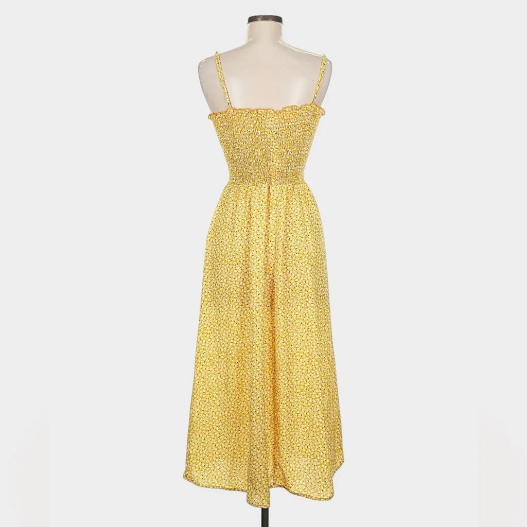RESA Ashley Midi Slip Dress M Yellow Ditsy Floral Smocked Slit Size M - Image 9