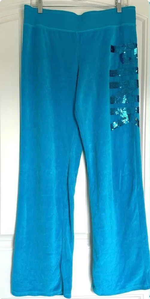 Y2K PINK VS Large Blue Velour Flare Blue Bling Track Sweatpants Plush 2000’s VTG - Image 1