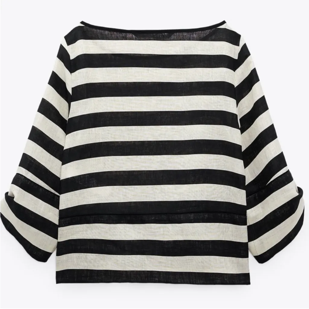 Zara 100% Linen Crispy Striped Top Blouse Women M Roll Tab Kimono Sleeves NWOT - Image 3