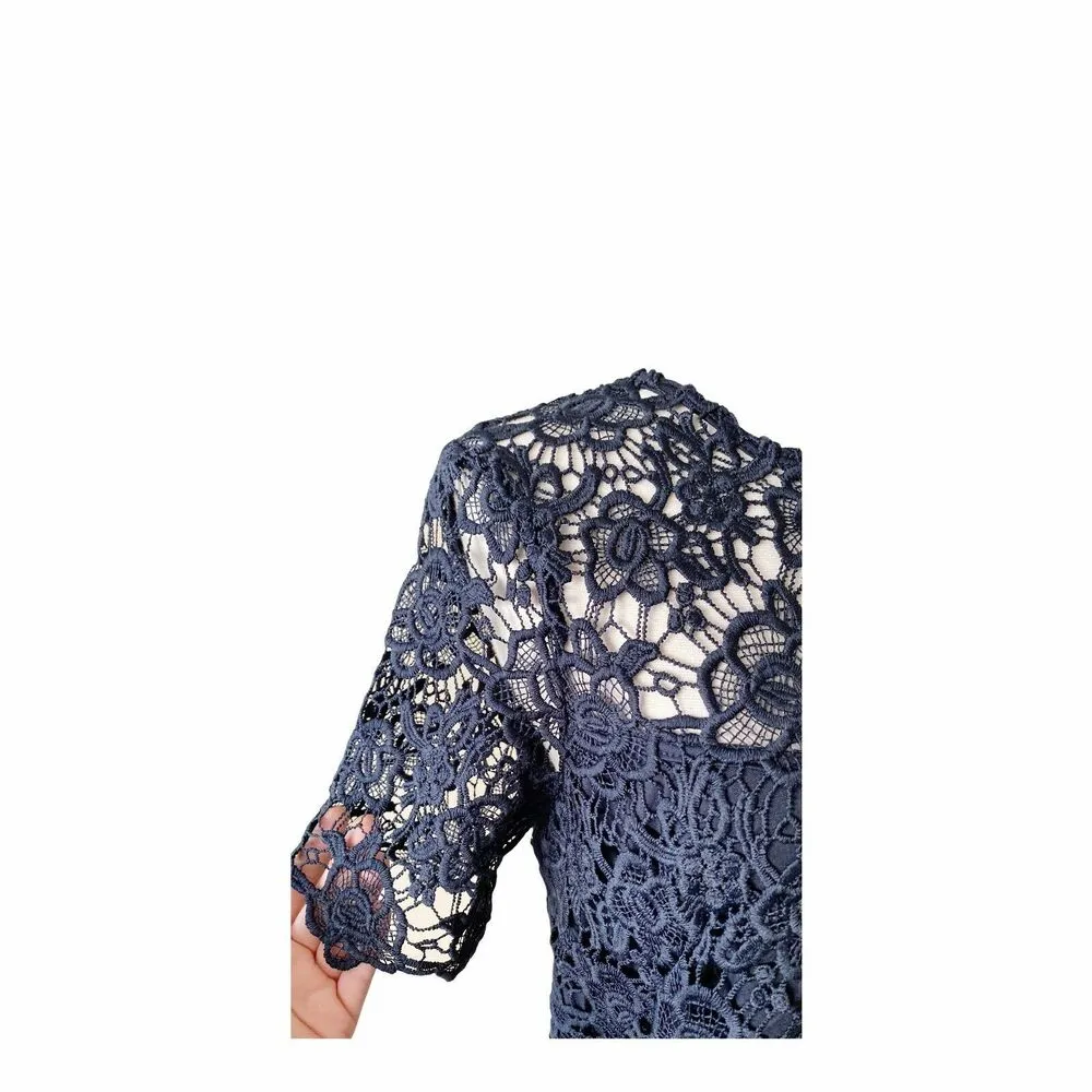 NANETTE LEPORE Floral Blouse Cut Lace Short Sleeves Navy Blue Top Small NWT - Image 3